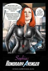  1girls avengers black_clothing black_widow_(marvel) bodysuit breasts cleavage colored comic comic_page curvy english english_text female female_only fully_clothed green_eyes hourglass_figure human human_only inside light-skinned_female light_skin marvel marvel_comics metrinomealpha natasha_romanoff orange_hair scarlett_johansson skin_tight solo sophia_(metrinomealpha) speech_bubble straight_hair superheroine talking_to_another text text_bubble unzipped unzipped_bodysuit 