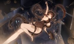  absurdres apopo bangle black_dress black_hair black_shoes bracelet breasts brown_eyes commentary covered_navel dagger dress dsr-50_(girls'_frontline) female floating_hair foot_out_of_frame from_above girls'_frontline girls'_frontline_2:_exilium glass_shards high_heels highres jewelry knife large_breasts long_hair looking_at_viewer looking_up loreley_(girls'_frontline_2) pelvic_curtain shoes sleeveless sleeveless_dress smile solo stiletto_(weapon) weapon weapon_in_garters 