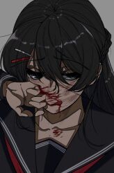  :q black_hair black_sailor_collar black_serafuku black_shirt bleeding blood blood_on_chest blood_on_face blood_on_hand braid collarbone commentary_request double-parted_bangs female grey_background grey_eyes hair_between_eyes hair_ornament hairclip half_up_braid jitome kaduru_nakamura licking_lips long_hair long_sleeves looking_to_the_side loose_hair_strand messy_hair neckerchief nijisanji nosebleed parallel_hairclips portrait raised_inner_eyebrows red_neckerchief sailor_collar sanpaku school_uniform scrape serafuku shirt sidelocks sideways_glance simple_background single_empty_eye solo tongue tongue_out tsukino_mito tsukino_mito_(chihaki-shoujo) virtual_youtuber wiping_face 
