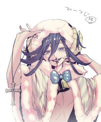  1boy animal_hood arm_up bell blood blood_on_face blue_bow blue_bowtie blush bow bowtie capelet commentary cross cross_necklace danganronpa_(series) danganronpa_v3:_killing_harmony flipped_hair hair_between_eyes halloween_costume hands_up heart highres holding holding_jewelry holding_necklace hood hooded_capelet horizontal_pupils horns jewelry latin_cross looking_at_viewer male_focus matudairaks medium_hair neck_bell necklace nosebleed official_alternate_costume oma_kokichi open_mouth pale_colors purple_eyes purple_hair sharp_teeth sheep_boy sheep_hood sheep_horns smile solo teeth untranslatable_commentary upper_body white_background white_capelet 
