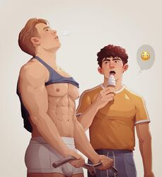  2boys abs actor biceps big_arms big_male big_muscles black_hair blonde_hair blushing blushing_ears boxers boyfriends buff bulge bulging_biceps caucasian caucasian_male celebrity charlie_spring couple eating_ice_cream excercise gay gay_sex head_up heartstopper human ice_cream in_character joe_locke kit_connor male male_boobs male_nipples male_only multiple_boys muscles muscular muscular_male nerdyart nick_nelson nipples no_visible_genitalia open_mouth orange_shirt pecs shirt_up shirtless shirtless_(male) shorts six_pack size_difference skinny smooth_chest smooth_skin teen_boy teenager tongue tongue_out underwear white_body white_skin white_underwear yaoi 