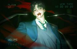  1boy black_hair blood blood_on_face blue_necktie collared_shirt commentary_request dress_shirt fake_screenshot grey_jacket grey_vest gwechul jacket kim_soleum korean_commentary looking_at_viewer male_focus necktie nokdock4 nosebleed open_mouth parted_bangs pixel_text red_pupils shirt short_hair solo suit_jacket sweat teeth upper_body upper_teeth_only vest viewfinder white_shirt wing_collar 