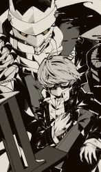  1boy absurdres bespectacled blood blood_on_clothes blood_on_hands collared_shirt crack cracked_glass glasses greyscale hand_on_own_chest highres izanagi_(persona_4) jacket kawa_senyou layered_sleeves long_sleeves looking_ahead male_focus mask monochrome narukami_yuu no_mouth open_clothes open_collar open_jacket persona persona_4 popped_collar ringed_eyes school_uniform shirt short_hair solo spot_color swept_bangs wing_collar yasogami_school_uniform yellow_eyes 