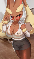  1girls 2023 2d 2d_(artwork) 4_fingers :3 anthro anthro_only anthrofied big_breasts big_thighs black_sclera black_skirt blush breasts bunny bunny_ears bunny_girl cleavage cleavage_window clipboard clothed collarbone female female_focus female_only fully_clothed furry furry_breasts furry_ears furry_female furry_only glasses hi_res highres hips huge_breasts large_breasts large_thighs leggings looking_at_viewer lopunny nametag office office_clothing office_lady pok&eacute;mon_(species) pokemon red_dress red_eyes red_glasses skirt solo solo_female solo_focus standing standing_female stockings thick_thighs thighs tight_clothing tight_skirt tp10 tuft tufted_fur white_shirt wide_hips 