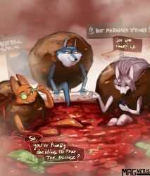  absurd_res anthro canid canid_demon canine canis clothing costume demon diane_foxington dreamworks english_text female food food_costume fox group hellaverse hellhound helluva_boss hi_res illumination_entertainment loona_(helluva_boss) magnetus mammal meatball meatball_costume mythological_canine mythological_creature mythology porsha_crystal sing_(movie) text the_bad_guys trio wolf 
