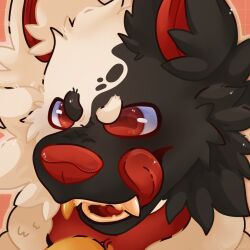  1:1 ambiguous_gender anthro black_body black_fur canid canine collar collar_tag fur glowsquiid hi_res inner_ear_fluff male_(lore) mammal multicolored_body multicolored_fur mythological_canine mythological_creature mythology open_mouth portrait red_eyes red_inner_ear_fluff red_nose red_tongue sharp_teeth solo teeth tongue tongue_out tuft werecanid werecanine werecreature werewolf 