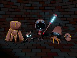  >_< 1_eye 2026 3d_(artwork) 3d_animation 4:3 6_legs ambiguous_gender anguish_(pinkmoth) animated animated armless black_ear_tips black_hands black_sclera blue_collar blue_eyes blue_mouth brick brick_floor brick_wall closed_eyes clothed clothed_female clothed_humanoid clothing collar dancing digital_media_(artwork) dipstick_ears ear_markings eyelashes eyewear eyewear_on_head female flesh_fang goggles goggles_on_head group hooded_robe humanoid imp inside jewish_mythology lagomorph leporid loop mammal markings multicolored_ears mythological_creature mythological_golem mythology open_mouth open_smile pinkmoth rabbit robe short_playtime smile staff tan_body tan_clothing tan_ears tan_robe wall_(structure) 