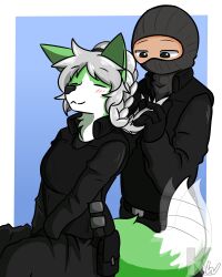  2020 4:5 absurd_res anthro balaclava belt black_belt black_bottomwear black_clothing black_nose black_pants black_uniform blue_background blush border bottomwear braided_hair breasts canid canine canis cheek_tuft closed_eyes closed_smile clothing colored countershade_face countershading digital_drawing_(artwork) digital_media_(artwork) dipstick_tail duo facial_tuft female fur furgonomics gloves green_body green_fur grey_hair hair handwear hi_res human interspecies kangwolf looking_at_another male mammal markings mask military_uniform motion_lines mouth_closed pants personal_grooming pouch_(clothing) signature simple_background sitting smile styling_hair tail tail_markings tail_motion tailwag tuft uniform white_body white_border white_fur wolf 