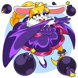  1:1 2026 anthro blonde_hair bomb braided_hair broodal buckteeth cape clothing crown dress explosives eyeshadow female footwear fur geometric_background hair hariet_(mario) headgear hi_res high_heels lagomorph leporid long_hair makeup mammal mario_bros nico_neko nintendo open_mouth open_smile ponytail purple_cape purple_clothing purple_dress purple_eyeshadow purple_footwear purple_high_heels rabbit red_eyes shoes silk_cape silk_dress simple_background smile solo spiked_hair_tie super_mario_odyssey teeth white_background white_body white_fur 