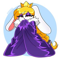  1:1 2026 anthro blonde_hair braided_hair broodal cape clothing crown dress eyeshadow female fur geometric_background hair hands_together hariet_(mario) headgear hi_res lagomorph leporid long_hair makeup mammal mario_bros narrowed_eyes nico_neko nintendo ponytail purple_cape purple_clothing purple_dress purple_eyeshadow rabbit red_eyes silk_dress simple_background smile solo spiked_hair_tie super_mario_odyssey white_background white_body white_fur 