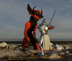  3d_(artwork) ambiguous_gender anthro black_body black_fur danger_n00dle_(artist) danger_n00dle_(character) demon digital_media_(artwork) fur hi_res human hybrid imminent_death imminent_vore king knight male mammal melee_weapon multicolored_body multicolored_fur muspo red_body red_fur royalty sword warrior weapon yellow_eyes 