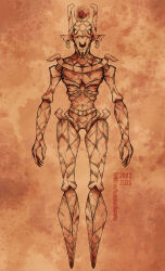  2025 abstract_background absurd_res ambiguous_gender anthro black_and_brown bone claws dated deer digital_drawing_(artwork) digital_media_(artwork) empty_eyes featureless_feet feet fingers front_view hi_res looking_at_viewer lusciouslioness mammal monochrome monster nub_feet nude project_silverfish simple_background skinny skinny_anthro skull skull_head solo standing teeth text undead url 