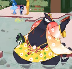  anthro asian_clothing bearful belly black_body black_fur blue_(deltarune) blue_body blush bodily_fluids bottle clothed clothing container crossdressing_male darkner deltarune domestic_cat east_asian_clothing elemental_creature felid feline felis flora_fauna floradinn flower flower_creature friend_(deltarune) fur group haori hi_res human humanoid japanese_clothing japanese_text kris_dreemurr looking_at_another looking_at_viewer male mammal mawashi midriff onomatopoeia open_clothing overweight overweight_male plant saliva saliva_string sauna seven_flowers smile sound_effects tail teeth text tree undertale_(series) yellow_(deltarune) yellow_body 