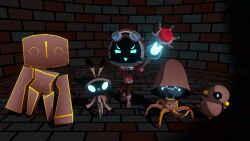 16:9 1_eye 2026 3d_(artwork) 6_legs ambiguous_gender anguish_(pinkmoth) anthro armless black_ear_tips black_hands black_sclera blue_collar blue_eyes blue_mouth brick brick_floor brick_wall clothed clothed_female clothed_humanoid clothing collar digital_media_(artwork) dipstick_ears ear_markings eyelashes eyewear eyewear_on_head female flesh_fang goggles goggles_on_head group hooded_robe humanoid imp inside jewish_mythology lagomorph leporid looking_at_viewer mammal markings multicolored_ears mythological_creature mythological_golem mythology narrowed_eyes open_mouth open_smile pinkmoth rabbit robe smile staff tan_body tan_clothing tan_ears tan_robe wall_(structure) widescreen 