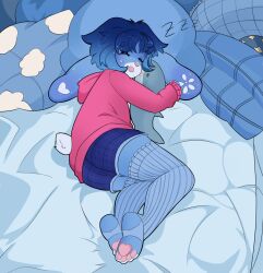  ambiguous_gender anthro bed bedding blue_body blue_fur blue_hair blue_tail bottomwear closed_eyes clothed clothing colored digital_drawing_(artwork) digital_media_(artwork) eyelashes feet floppy_ears footwear fur furniture hair hi_res holding_object holding_plushie hoodie hug hugging_object lagomorph legwear leporid luckesha lying mammal on_side open_mouth pajamas pawpads paws pillow pink_clothing pink_nose pink_pawpads plushie rabbit shaded short_hair short_tail shorts sleeping socks solo sound_effects stockings tail thigh_highs tired toes topwear vowelless vowelless_sound_effect white_body zzz 