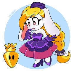  1:1 2026 anthro bare_shoulders blonde_hair braided_hair breasts broodal clothing dress female footwear fur geometric_background gloves hair handwear hariet_(mario) hat headgear headwear hi_res high_heels lagomorph leporid long_hair mammal mario_bros nico_neko nintendo pillbox_hat ponytail purple_clothing purple_dress purple_footwear purple_gloves purple_handwear purple_hat purple_headwear purple_high_heels rabbit red_eyes shoes silk_dress simple_background small_breasts solo spiked_hair_tie strapless_clothing strapless_dress super_mario_odyssey white_background white_body white_fur 