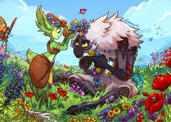  ambient_arthropod ambient_butterfly ambient_insect anthro bottomwear breasts chili_(zummeng) claws clothing duo elemental_creature elvian female flora_fauna flower flower_crown fur green_body green_fur grey_body grey_fur haplorhine happy hi_res hybrid lagomorph larger_male leporid male male/female mammal monkey nature outside plant primate rabbit shorts sitting size_difference skirt smaller_female smile standing tail toe_claws tristan_(zummeng) zummeng 