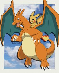  2026 2_horns 3_fingers 3_toes anthro artist_name belly black_eyes blue_eyes blue_sky charizard claws cloud colored darlan_space digital_drawing_(artwork) digital_media_(artwork) duo feet feral fingers fire generation_1_pokemon happy hi_res horn long_neck looking_at_another looking_at_partner male male/male multicolored_chest multicolored_ears multicolored_tail multicolored_wings nintendo orange_arms orange_body orange_face orange_feet orange_horn orange_legs pikachu pokemon pokemon_(species) red_cheeks shaded signature simple_background sky smile tail teeth text toe_claws toes tongue wings yellow_arms yellow_belly yellow_chest yellow_head yellow_tail 