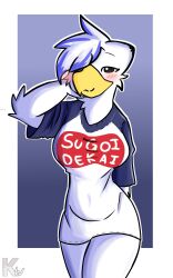  2020 5:8 absurd_res anthro avian beak big_breasts bird black_eyes blue_body blue_feathers blush border bottomless breasts clothed clothing colored cosplay deulis_(kangwolf) digital_drawing_(artwork) digital_media_(artwork) feathers female gradient_background hair hair_over_eye hand_behind_head hi_res japanese_text kangwolf looking_at_viewer narrowed_eyes one_eye_obstructed raglan_shirt romaji_text shirt shirt_only signature simple_background smile solo sugoi_dekai text text_on_clothing text_on_shirt text_on_topwear topwear topwear_only uzaki-chan_wa_asobitai! white_background white_body white_border white_feathers wide_hips yellow_beak 
