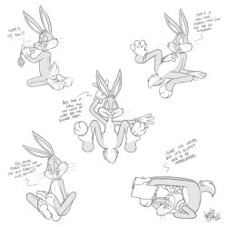  1:1 2026 3_toes 4_fingers anthro buckteeth bugs_bunny carrot dialogue disembodied_hand english_text featureless_crotch feet fingers food foot_fetish foot_grab foot_play greyscale hi_res humanoid_hands kneeling lagomorph leporid looking_at_viewer looney_tunes male mammal monochrome multiple_poses nekostar plant pose rabbit signature simple_background sitting solo talking_to_viewer teeth text toes upside-down vegetable warner_brothers whiskers white_background 