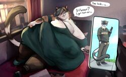  absurd_res anthro bedroom before_and_after belly big_belly big_breasts black_clothing black_dress bottomwear breasts brown_body brown_clothing brown_fur brown_legwear cellphone clothing dessert domestic_cat double_chin doughnut doughnut_box dress electronics english_text fat_arms fat_upper_pubic_area felid feline felis female food fouzoul_(fouzoul) fur gender_transition group hair hi_res huge_belly huge_breasts juxtaposition legwear long_hair male mammal morbidly_obese morbidly_obese_anthro morbidly_obese_female multicolored_body multicolored_fur multicolored_hair obese obese_anthro obese_female overweight overweight_anthro overweight_female painterly pants pantyhose pastry phone shirt silverfang725 solo_focus sweater text topwear trans_(lore) trans_woman_(lore) trio weight_gain white_body white_fur 