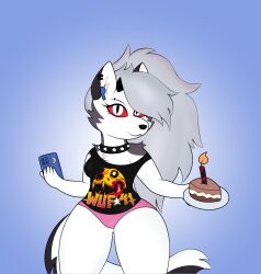  absurd_res airpods anthro birthday_cake breasts cake cake_slice canid canid_demon canine cellphone clothing collar demon dessert ear_piercing electronics eyebrow_piercing facial_piercing female fluffy food gradient_background hellaverse hellhound helluva_boss hi_res holding_object looking_at_viewer loona_(helluva_boss) mammal mythological_canine mythological_creature mythology panties parody phone piercing shirt simple_background solo spiked_collar spikes sum_41 topwear underwear vf85 
