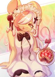  2026 abstract_background absurd_res accessory alternative_fashion anthro bangs bare_shoulders big_ears black_bow black_clothing blonde_hair bow_(feature) bow_ribbon cake clothed clothed_anthro clothing cupcake dessert dress eyelashes female female_anthro food freckles frilly frilly_clothing fruit fur furgonomics glistening glistening_body glistening_eyes goth gothic_lolita hair hair_accessory hair_over_eye hair_ribbon hairbow half-closed_eyes headgear headwear hi_res holding_food holding_object j-fashion kemono kitchen_utensils legwear lolita_(fashion) long_hair looking_at_viewer maid_headdress mammal mouse mouse_tail multicolored_hair murid murine narrowed_eyes one_eye_closed one_eye_obstructed open_mouth pastry pattern_background pink_eyes pink_hair pink_tail pink_tongue plant plate portrait pose rat_tail ribbons rodent simple_background sitting smile solo stockings strawberry strawberrynightmilk sweet_lolita tail tail_accessory tail_bow tail_ribbon thigh_highs thin_tail three-quarter_portrait tongue tools two_tone_hair white_clothing white_dress white_hair yellow_body yellow_fur 