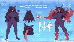  2026 4_fingers anthro biped breasts clenched_teeth ear_piercing ear_ring english_text featureless_breasts featureless_crotch female fingers generation_1_pokemon generation_6_pokemon gengar gengarite hair hi_res latiar long_tongue mega_evolution mega_gengar mega_ring mega_stone minoir model_sheet nintendo nude one_eye_obstructed open_mouth open_smile palm_tree piercing plant pokemon pokemon_(species) pokemorph purple_body red_eyes ring_piercing signature smile solo standing teeth text tongue tongue_out tree white_text 