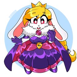  1:1 2026 anthro blonde_hair braided_hair breasts broodal buckteeth cape cleavage clothed clothing crown dress female footwear fur gem geometric_background gloves hair handwear hariet_(mario) headgear hi_res high_heels lagomorph leporid long_hair mammal mario_bros nico_neko nintendo open_mouth ponytail purple_cape purple_clothing purple_dress purple_footwear purple_gloves purple_handwear purple_high_heels rabbit red_eyes shoes silk_cape silk_dress simple_background solo spiked_hair_tie super_mario_odyssey teeth white_background white_body white_fur 