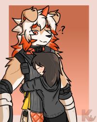  2020 4:5 absurd_res anthro arknights black_clothing black_hoodie black_topwear blush brown_hair canid canine canis clothing colored countershading digital_drawing_(artwork) digital_media_(artwork) domestic_dog duo female floppy_ears fur gloves hair handwear hi_res hoodie horn hug hugging_another human hung_(arknights) hypergryph kangwolf long_hair male mammal multicolored_hair orange_eyes orange_horn question_mark signature simple_background size_difference smile studio_montagne tan_body tan_fur topwear two_tone_hair white_body white_fur 
