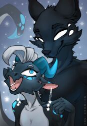  6_eyes anthro blue_eyes canid canine claws duo ear_piercing ear_ring ears_back empty_eyes fangs female finger_claws fox happy hi_res horn kobold looking_at_another looking_up male male/female mammal mohawk multi_eye open_mouth piercing pivoted_ears ring_piercing romantic romantic_couple scalie smile spots stirren stirren_(stirren) teeth white_eyes woon_(sixeyedfox) 