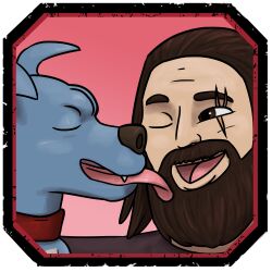  1:1 2026 absurd_res adobe_photoshop_(artwork) alpha_channel ambiguous_feral ambiguous_gender badge beard black_border black_clothing black_shirt black_topwear border brown_beard brown_eyebrows brown_eyes brown_facial_hair brown_hair brown_mustache brown_nose canid canine canis cheek_lick closed_eyes clothed clothed_human clothed_male clothing collar collar_only colored dead_by_daylight digital_drawing_(artwork) digital_media_(artwork) domestic_dog duo english_description eye_scar eyebrows face_lick facial_hair facial_scar fangs feral floppy_ears fur gradient_background hair hi_res human icon jeff's_pit_bull jeff_johansen licking light lighting lips looking_at_another male male_human mammal moustache multicolored_body multicolored_fur nude nude_ambiguous one_eye_closed open_mouth open_smile pink_tongue pit_bull red_collar scar shaded shirt simple_background skywater smile smiling_at_another tan_lips teeth thick_bottom_lip tongue topwear two_tone_body two_tone_fur white_body white_fur 