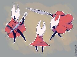  2026 2_horns ambiguous_gender arthropod biped black_body black_eyes cloak clothed clothing empty_eyes english_text female_(lore) hi_res holding_melee_weapon holding_object holding_weapon hollow_knight_(franchise) horn hornet_(hollow_knight) melee_weapon pose qweakster red_cloak red_clothing signature solo standing team_cherry text weapon 