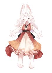  2024 absurd_res alpha_channel anthro aoshima_bunka_kyozai big_ears black_ribbon bodice brown_sash closed_eyes clothing colored digital_drawing_(artwork) digital_media_(artwork) drapery_(clothing) dress feet female fur gradient_clothing gradient_dress hair hi_res kawarage_yatano kemono kemopla lagomorph leporid long_hair mammal official_art open_mouth orange_clothing orange_dress paws rabbit red_clothing shaded shoeless sleeveless_dress smile solo spread_arms tan_dress waistband white_body white_fur 