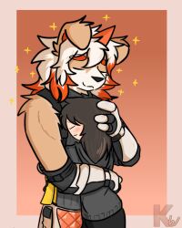  2020 4:5 absurd_res anthro arknights black_clothing black_hoodie black_topwear blush brown_hair canid canine canis closed_eyes clothing colored countershading digital_drawing_(artwork) digital_media_(artwork) domestic_dog duo female floppy_ears fur gloves hair handwear headpat hi_res holding_another hoodie horn hug hugging_another human hung_(arknights) hypergryph kangwolf long_hair male mammal multicolored_hair orange_eyes orange_horn signature simple_background size_difference smile sparkles studio_montagne tan_body tan_fur topwear two_tone_hair white_body white_fur 