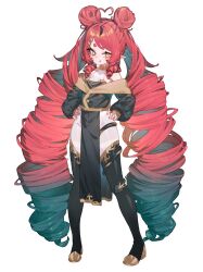  ahoge black_jacket black_tank_top black_thighhighs bottomless breasts cleavage closed_mouth covered_navel double_bun drill_hair drill_sidelocks fang_out female full_body gold_choker gradient_hair green_hair groin hair_bun hair_ornament hairclip halterneck hands_on_own_hips heart heart_ahoge highres jacket long_hair looking_at_viewer mosou_keito multicolored_hair oerba_yun_fang off_shoulder original pelvic_curtain puffy_sleeves red_hair sidelocks simple_background solo standing tank_top thighhighs twin_drills very_long_hair white_background yellow_eyes 