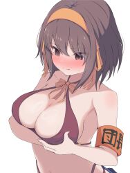  absurdres arm_under_breasts armband bikini blush bow bowtie breasts brown_eyes brown_hair cleavage collarbone commentary_request embarrassed female grabbing_own_breast hair_ribbon hairband highres large_breasts medium_hair orange_bow orange_bowtie orange_hairband orange_ribbon rai_iceblast red_armband red_bikini ribbon simple_background solo suzumiya_haruhi suzumiya_haruhi_no_yuuutsu swimsuit upper_body white_background 