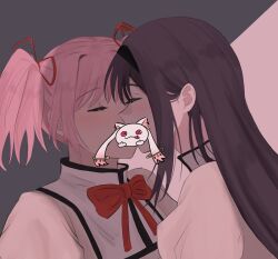  2girls akemi_homura black_hair black_hairband blush bow bowtie censored character_censor closed_mouth grey_background hair_ribbon hairband highres kaname_madoka kissing kyuubee long_hair mahou_shoujo_madoka_magica mahou_shoujo_madoka_magica_(anime) mitakihara_school_uniform multiple_girls novelty_censor pink_background pink_hair qnhuw red_bow red_bowtie red_ribbon ribbon school_uniform shirt twintails two-tone_background white_shirt yuri 