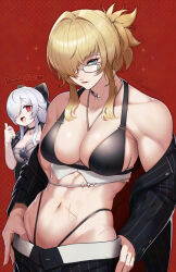  2girls :d bare_shoulders bikini black_bikini black_bow black_jacket black_pants blonde_hair blue_eyes bow breasts choker cinderella_(beautiful_me)_(nikke) cinderella_(nikke) cleavage collar collarbone commentary cowboy_shot dongtan_dress dress eyewear_hang glasses goddess_of_victory:_nikke grave_(beautiful_you)_(nikke) grave_(nikke) grey_dress groin hair_between_eyes hair_over_one_eye hairbow half_updo hands_on_own_hips heart heart_necklace highleg highleg_bikini highres jacket jacket_on_shoulders jewelry large_breasts long_hair looking_at_viewer medium_breasts meme_attire metal_collar mole mole_on_breast multiple_girls multiple_scars navel necklace necklace_between_breasts off_shoulder official_alternate_costume open_fly pants parted_lips pinstripe_jacket pinstripe_pants pinstripe_pattern pinstripe_suit ponytail red_background red_eyes sawasa scar scar_on_stomach short_ponytail sidelocks signature smile solo_focus standing stomach suit swimsuit thumbs_up toned toned_female unworn_eyewear very_long_hair white_hair 