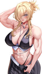  abs absurdres arm_up bare_shoulders bikini black_bikini black_pants blonde_hair blue_eyes breasts cleavage closed_mouth collar collarbone commentary cowboy_shot english_commentary female glasses goddess_of_victory:_nikke grave_(beautiful_you)_(nikke) grave_(nikke) groin hair_between_eyes hair_intakes hair_over_one_eye highleg highleg_bikini highres karma3009 large_breasts light_blush long_hair looking_at_viewer metal_collar multiple_scars muscular muscular_female navel necklace_between_breasts no_jacket official_alternate_costume open_fly pants pinstripe_pants pinstripe_pattern ponytail scar scar_on_arm scar_on_stomach short_ponytail sidelocks simple_background solo standing stomach swimsuit white_background 