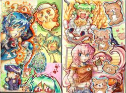  3boys 4girls animal animal_ears animal_hands aqua_hair bear black_hair blue_hair cat_boy cat_ears cat_paws chibi chiikawa colored_pencil_(medium) commentary crossover dual_persona ekubo_(mob_psycho_100) english_commentary green_hair hachune_miku hatsune_miku hatsune_miku_(natural) kageyama_shigeo kaito_(neko_cyber)_(vocaloid) kaito_(vocaloid) koiwai_yotsuba lennardo_(grim_the_end) megurine_luka mini_person minigirl mob_psycho_100 multiple_boys multiple_crossover multiple_girls pink_hair project_diva_(series) quad_tails rilakkuma san-x shisa_(chiikawa) short_hair traditional_media twintails vocaloid yotsubato! 