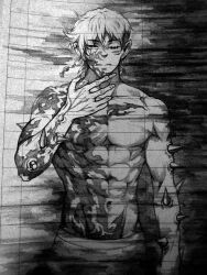  1boy abs absurdres arm_spikes banban953 blood blood_on_face blood_splatter body_horror character_request closed_mouth collarbone corrupted_twitter_file cowboy_shot darkness diablo_(series) expressionless fingernails greyscale hair_between_eyes hand_on_own_neck highres male_focus monochrome navel no_nipples one_eye_closed pants pectorals photo_(medium) short_hair solo stitched_eye toned toned_male topless_male traditional_media transformation 