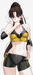  absurdres aqua_eyes bike_shorts black_bra black_shorts black_sleeves blush bra breasts brown_hair cleavage commentary contrapposto cowboy_shot elbow_sleeve fate/stay_night fate/unlimited_blade_works fate_(series) female hair_ornament hair_scrunchie hand_on_own_hip high_ponytail highres kamisato_sora medium_breasts navel parted_bangs parted_lips ponytail scrunchie shorts simple_background solo sports_bra standing steaming_body stomach sweat tohsaka_rin toned toned_female two-tone_bra underwear white_background 