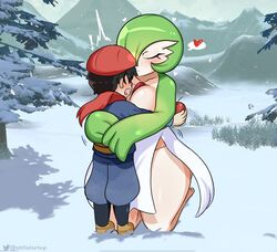  1boy 1girls alpha_pok&eacute;mon big_breasts cute gardevoir hi_res hug kissing kneeling no_sex pok&eacute;mon_(species) pokemon pokemon_(species) pokemon_legends:_arceus pokemon_trainer startop thick_thighs wholesome 