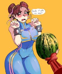  2girls asian asian_female blush breasts cammy_white capcom chun-li cupperexe dialogue embarrassed female female_only fruit fully_clothed large_breasts offscreen_female street_fighter street_fighter_alpha thick_thighs tight_clothing watermelon wide_hips 