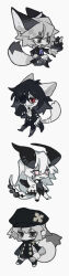  2017 3_eyes 4_fingers absurd_res ambiguous_gender anthro avian bandage bandaged_tail biped black_tail_tip boots bottomwear chibi claws closed_smile clothed clothed_ambiguous clothed_male clothing collared_shirt cravat crossed_legs digital_drawing_(artwork) digital_media_(artwork) dipstick_tail eye_patch eyewear felid feral finger_claws fingers footwear frilly_cuffs front_view full-length_portrait fully_clothed fully_clothed_ambiguous fully_clothed_male group hair hat headgear headwear hi_res holding_newspaper holding_object kerebiel_(keroreud) keroreud long_image looking_aside looking_at_viewer male mammal markings medium_hair mouth_closed multi_eye multiple_images newspaper on_hand one_eye_obstructed open_mouth open_smile open_suit pants petting plantigrade pointy_ears portrait pupils purple_clothing purple_topwear purple_vest red_eyes restricted_palette rolled_up_newspaper shirt shoes short_hair slit_pupils smile solo spot_color tail tail_markings tall_image toothy_grin topwear trio vest 