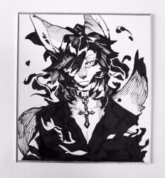  2018 anthro black_and_white clothed clothed_anthro clothed_male clothing collar cross felid front_view hair hair_over_eye half-length_portrait hatching_(art) hi_res keroreud looking_at_viewer male mammal medium_hair monochrome mouth_closed one_eye_obstructed pointy_ears portrait pupils shaded simple_background slit_pupils snout solo tail topwear traditional_media_(artwork) white_background 