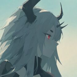  1:1 2026 4_horns arknights asian_mythology bangs colored curved_horn demon detailed digital_media_(artwork) east_asian_mythology eneki_sei eyebrows eyelashes female female_humanoid forehead_horn hair headshot_portrait horn horned_humanoid humanoid humanoid_face hypergryph japanese_mythology long_hair looking_forward matoimaru_(arknights) multi_horn mythology one_eye_obstructed oni portrait red_eyes shaded side_bangs side_view solo studio_montagne white_hair yokai 