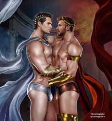  actor biceps bulge carlos_gzz caucasian caucasian_male celebrity chris_evans embracing flowing_clothing gay gods greek_mythology hand_in_underswear henry_cavill laurel_crown male male_only muscles muscular muscular_male pecs real_person red_cape shirtless_male smooth_skin underwear underwear_only 