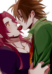  2boys beard brown_hair collarbone commentary_request facial_hair food fruit green_shirt imminent_kiss long_hair looking_at_another male_focus multiple_boys muscular muscular_male necktie orange_necktie otegine pectoral_cleavage pectorals purple_shirt red_hair reyu shirt strawberry tonbokiri_(touken_ranbu) touken_ranbu white_background yaoi 